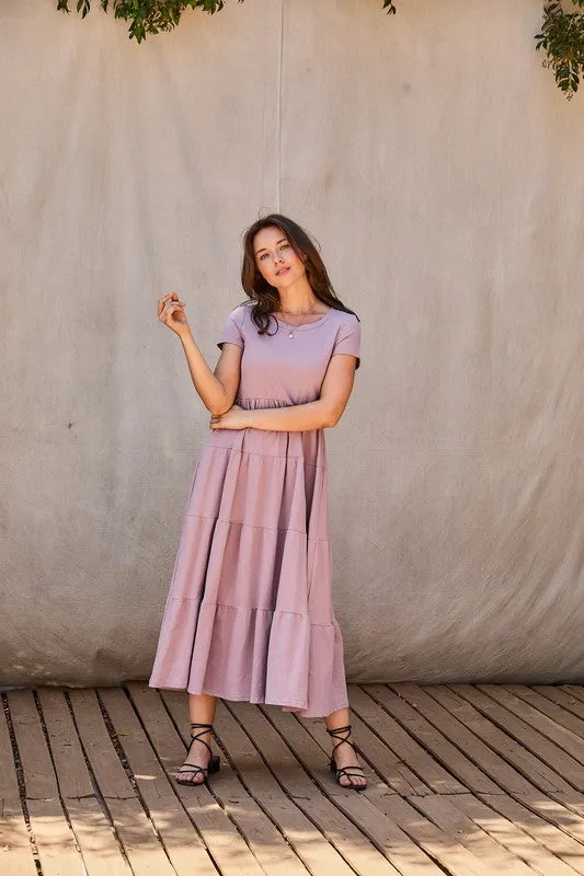 Pink Elephant Short Sleeves Tiered Jersey Midi Dress