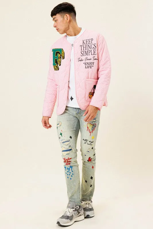 Pink Letter Patch Quilted Liner Jacket