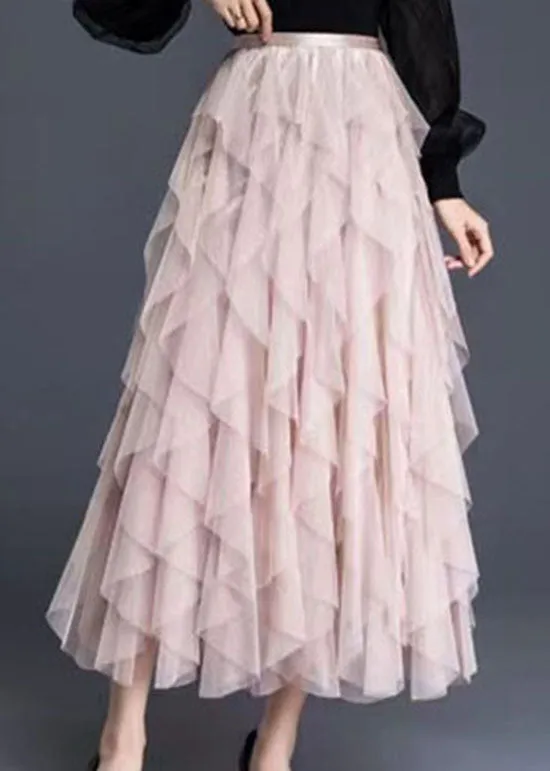 Pink Patchwork Tulle Skirts Wrinkled Asymmetrical Spring