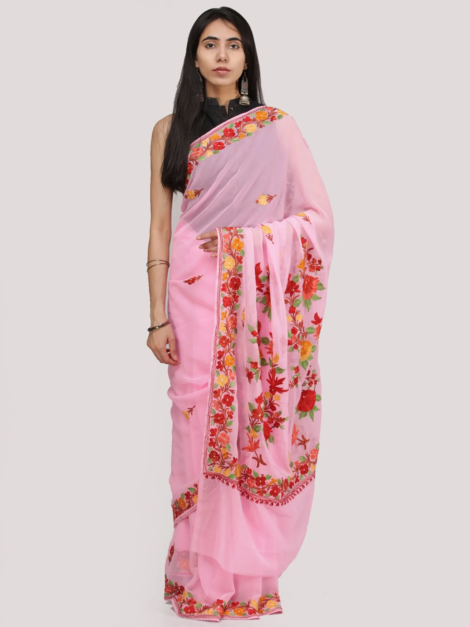 Pink Red Yellow Green Aari Embroidered Georgette Saree From Kashmir - S031704711