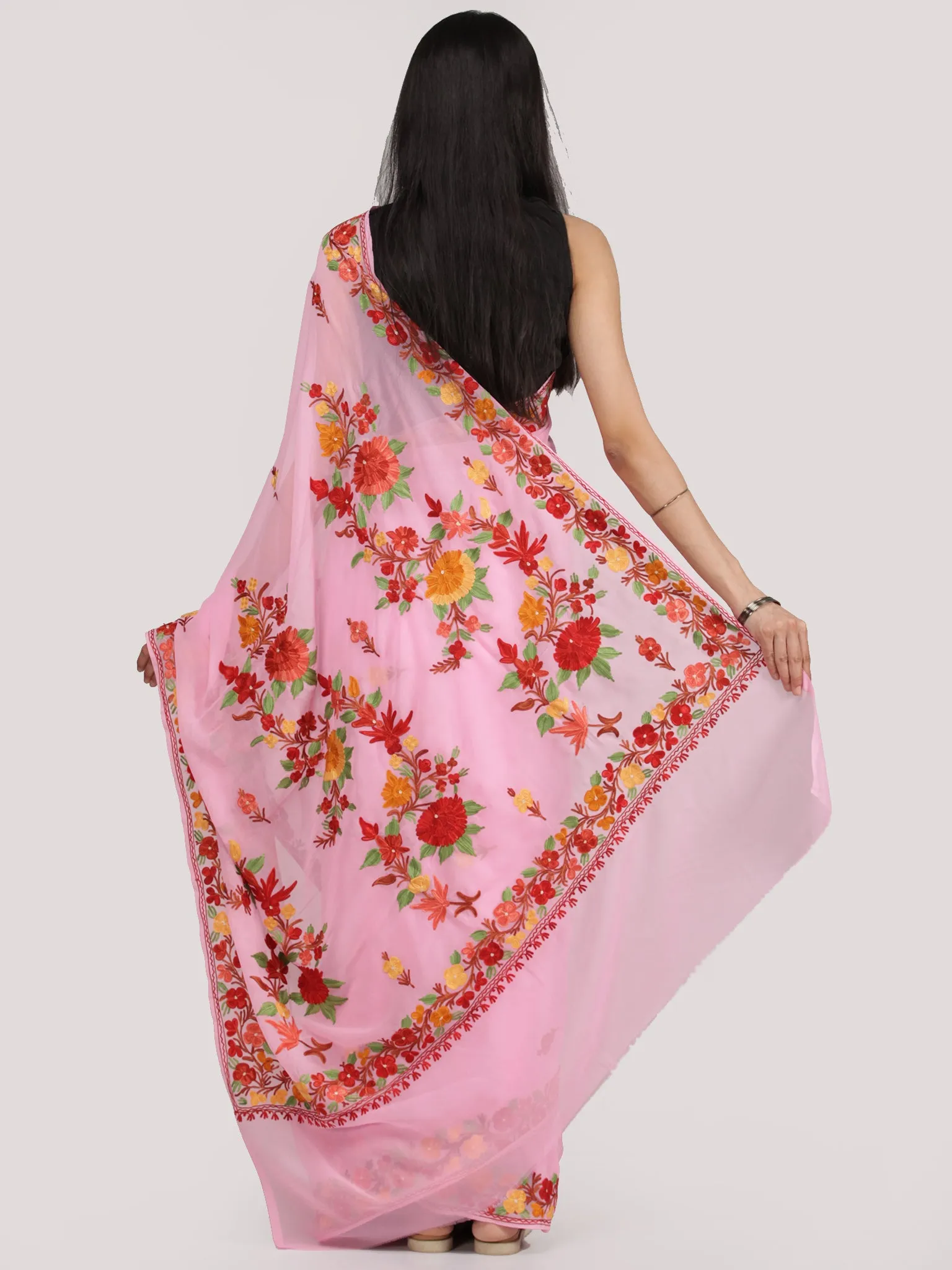 Pink Red Yellow Green Aari Embroidered Georgette Saree From Kashmir - S031704711