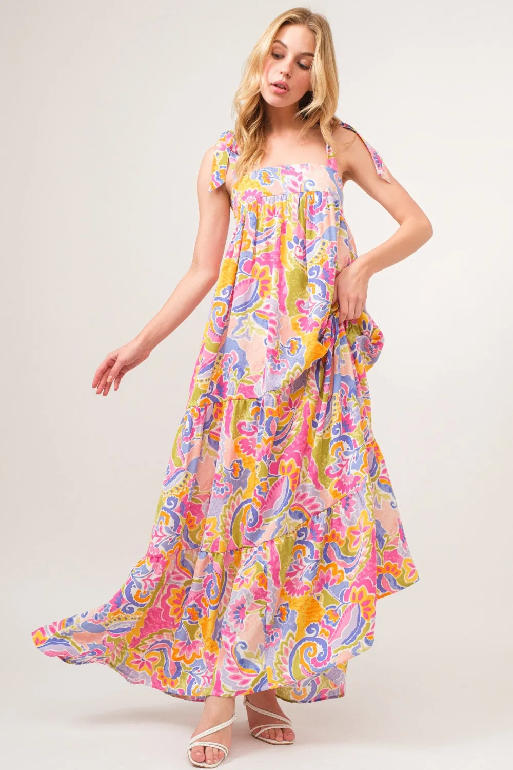 Printed Tie Shoulder Tiered Maxi Dress