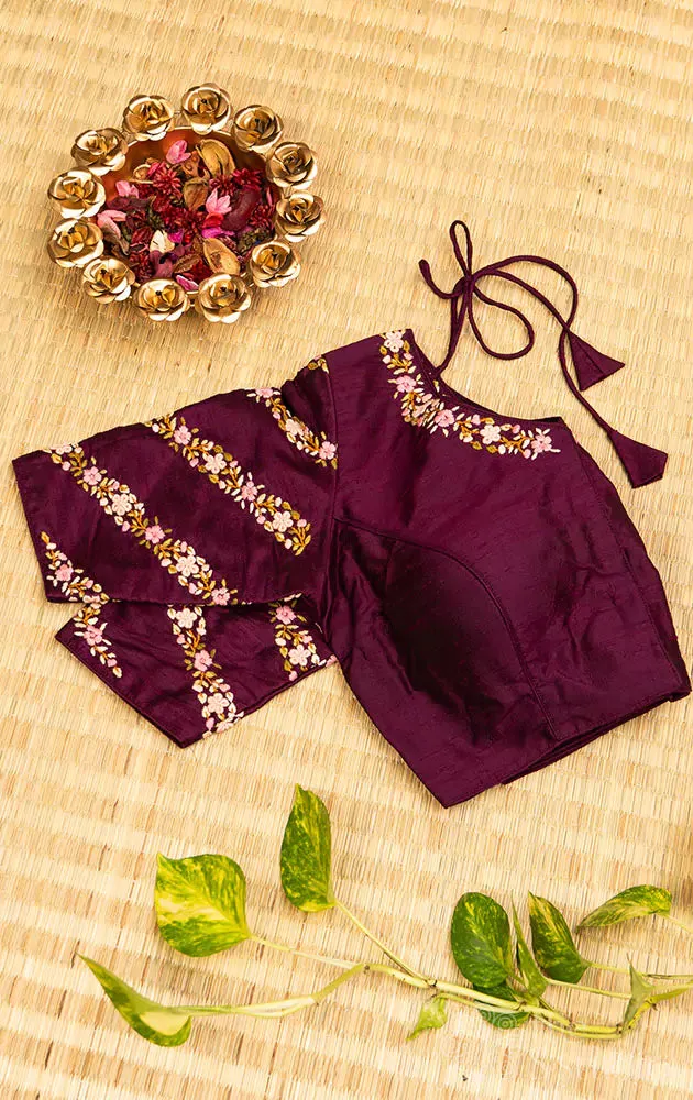 Purple hand  embroidered raw silk blouse with neck pattern