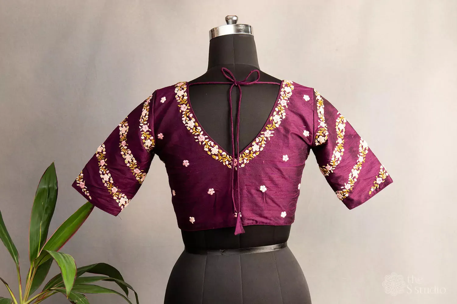 Purple hand  embroidered raw silk blouse with neck pattern