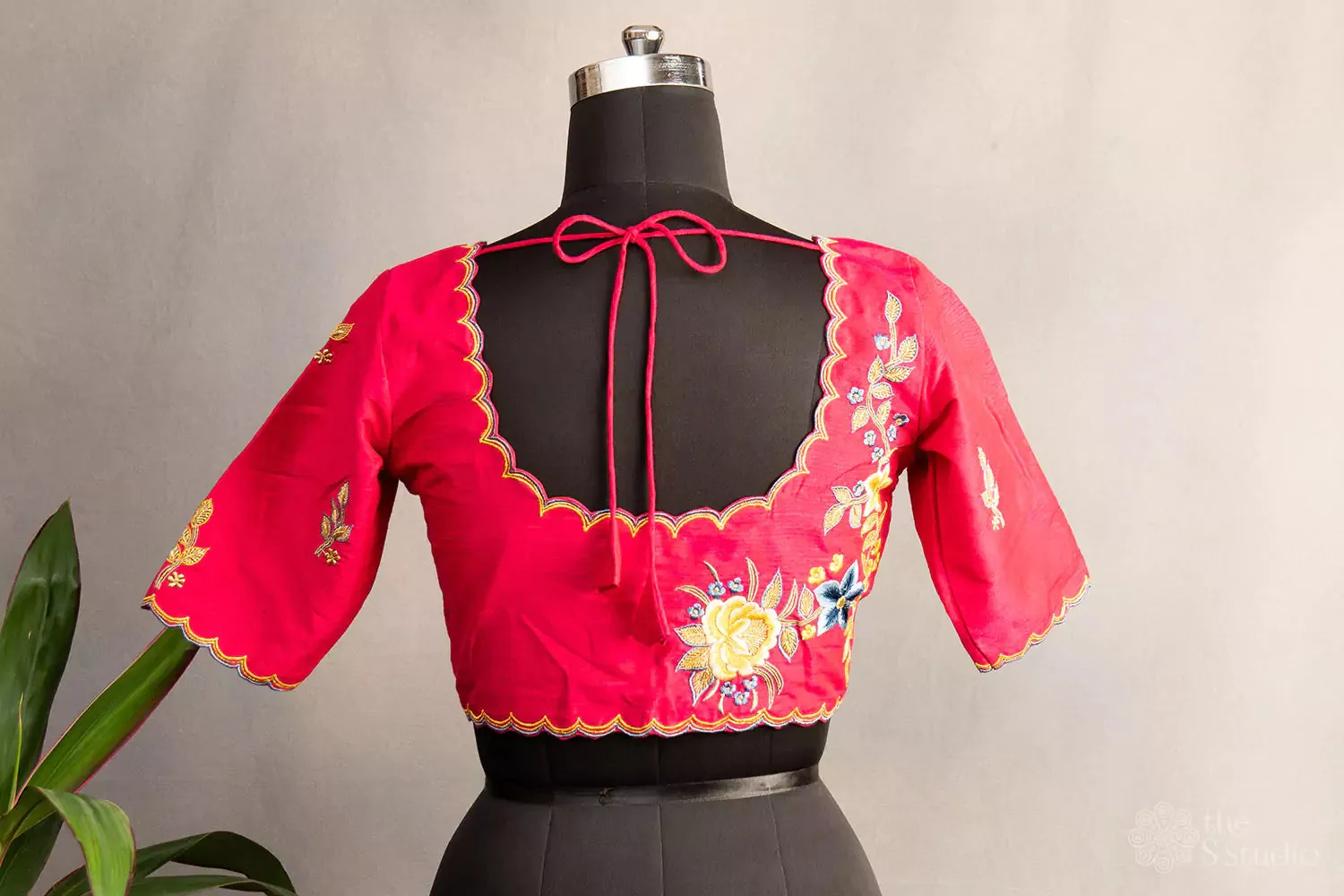 Rani pink hand  embroidered cotton blouse with scallop neck pattern