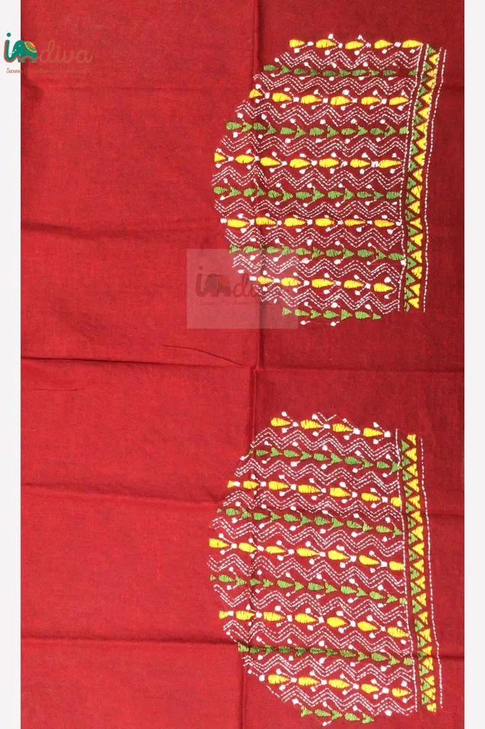 Reddish Maroon Kantha Blouse Material With Yellow & Green Motifs