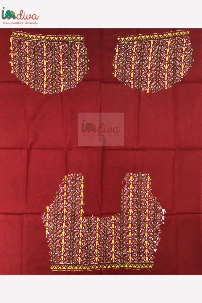 Reddish Maroon Kantha Blouse Material With Yellow & Green Motifs