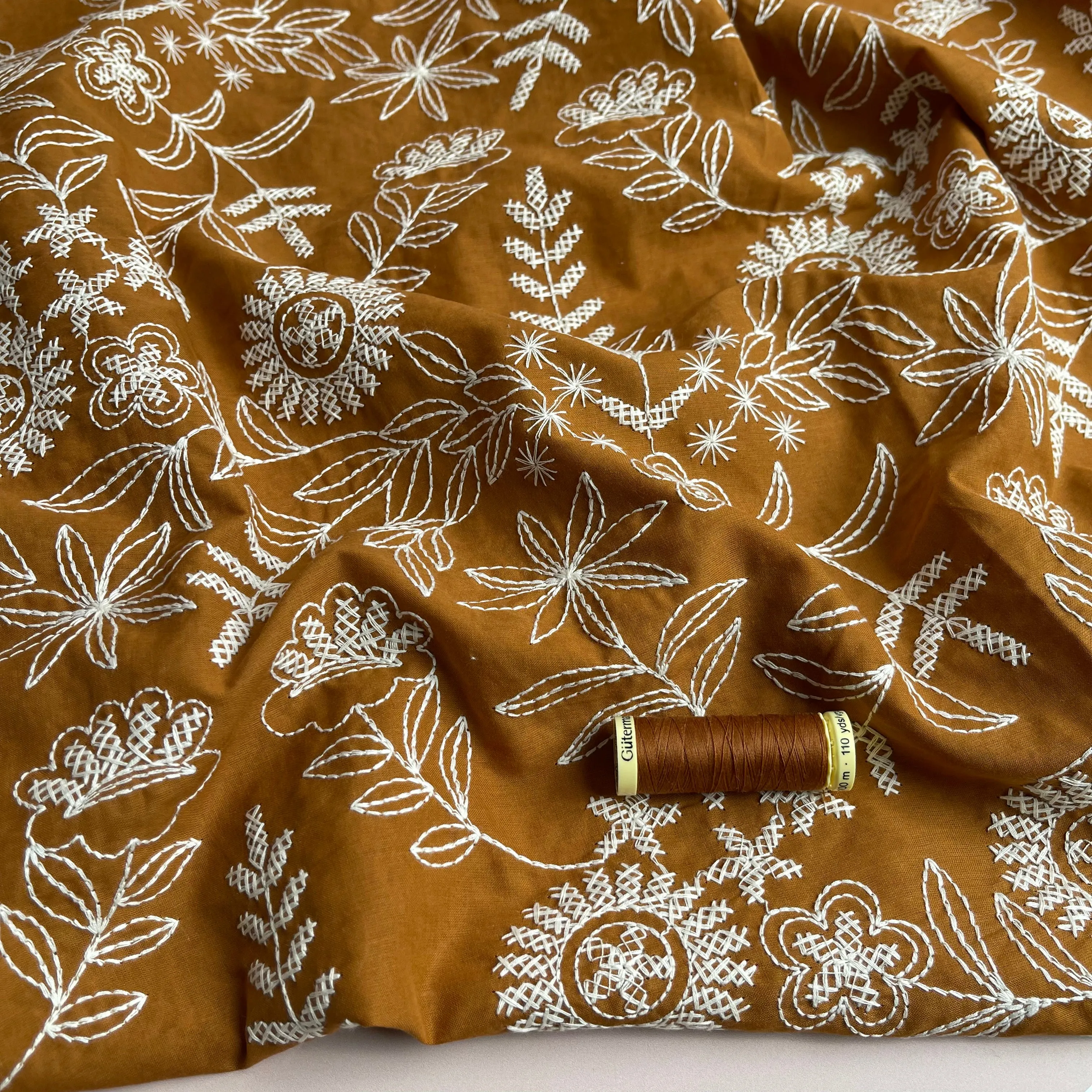 REMNANT 1.44 metres - Embroidered Wildflowers on Caramel Cotton Fabric