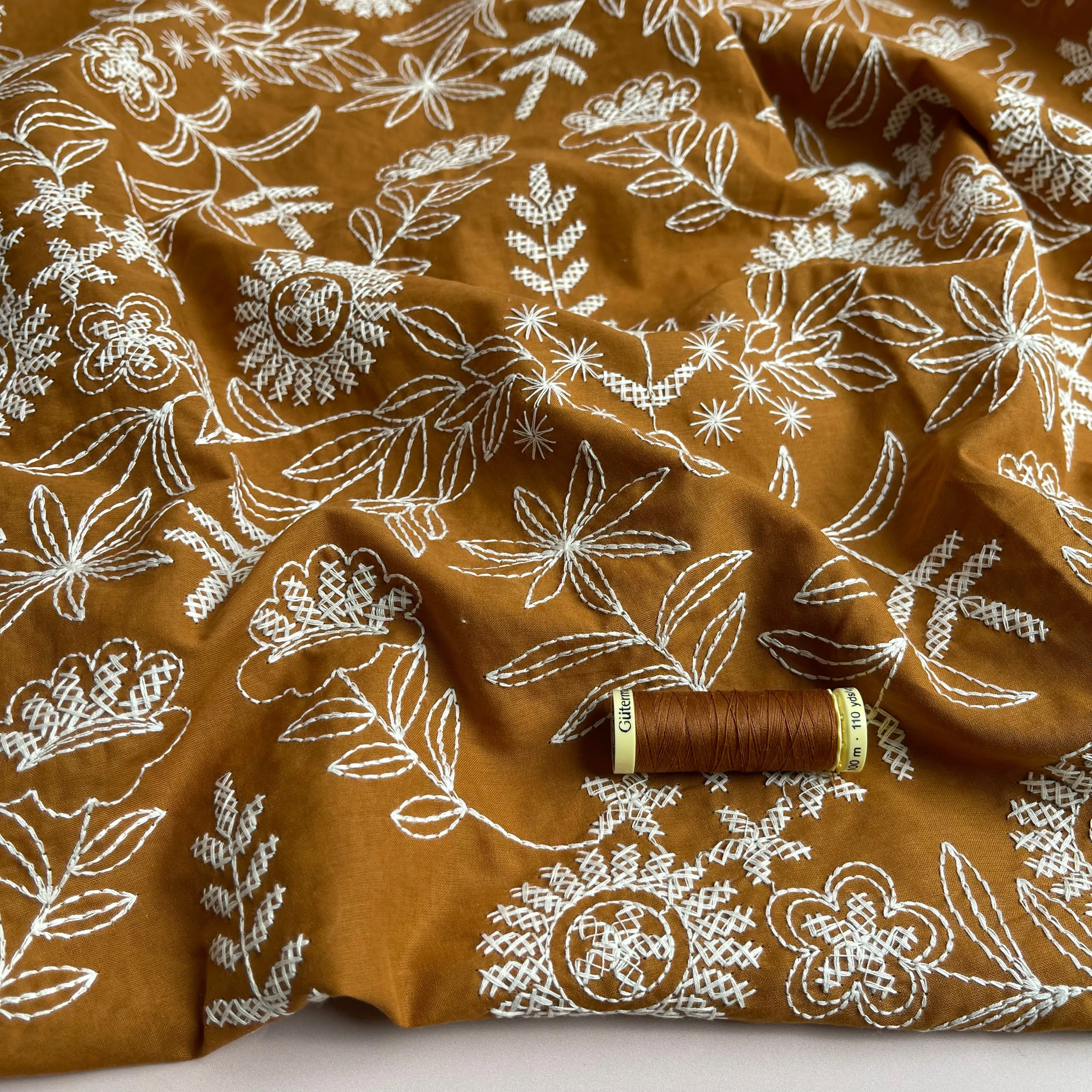 REMNANT 1.44 metres - Embroidered Wildflowers on Caramel Cotton Fabric