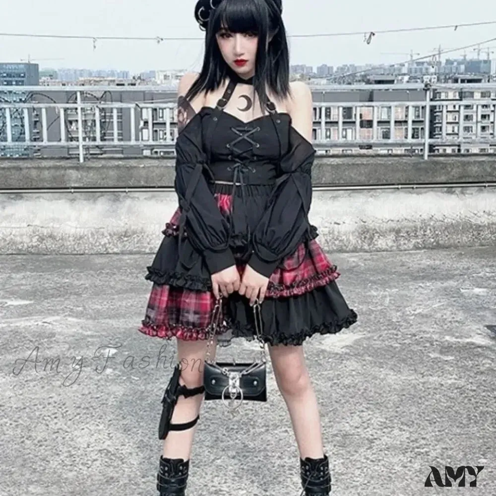 Rock Stitching Skirt Spice Cosplay Red High Plaid Girl Waist Harajuku Two-dimensional Dark Petticoat A-line