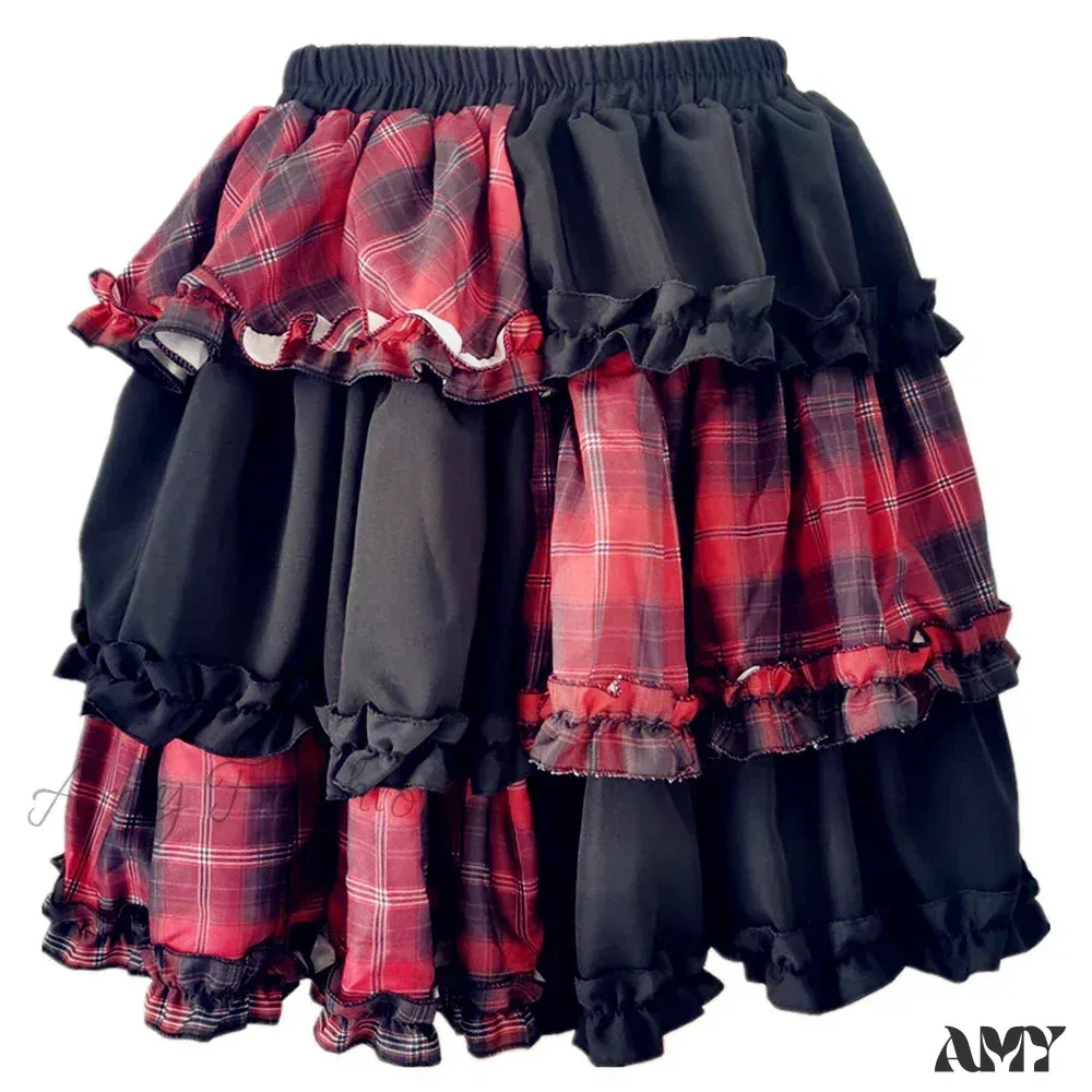 Rock Stitching Skirt Spice Cosplay Red High Plaid Girl Waist Harajuku Two-dimensional Dark Petticoat A-line