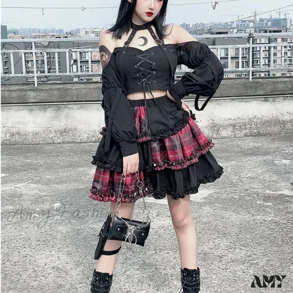 Rock Stitching Skirt Spice Cosplay Red High Plaid Girl Waist Harajuku Two-dimensional Dark Petticoat A-line