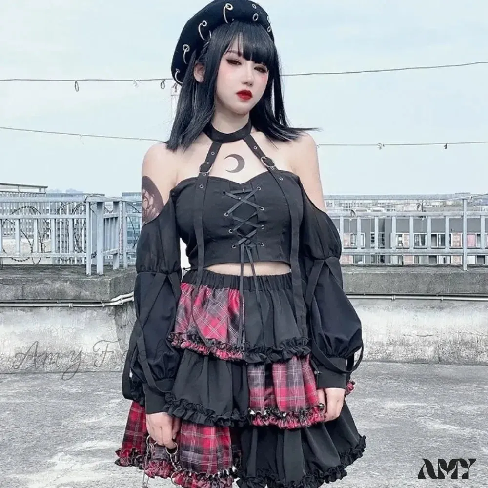 Rock Stitching Skirt Spice Cosplay Red High Plaid Girl Waist Harajuku Two-dimensional Dark Petticoat A-line