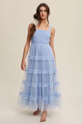 Slate Blue Frilly Ruffle Tiered Mesh Maxi Dress