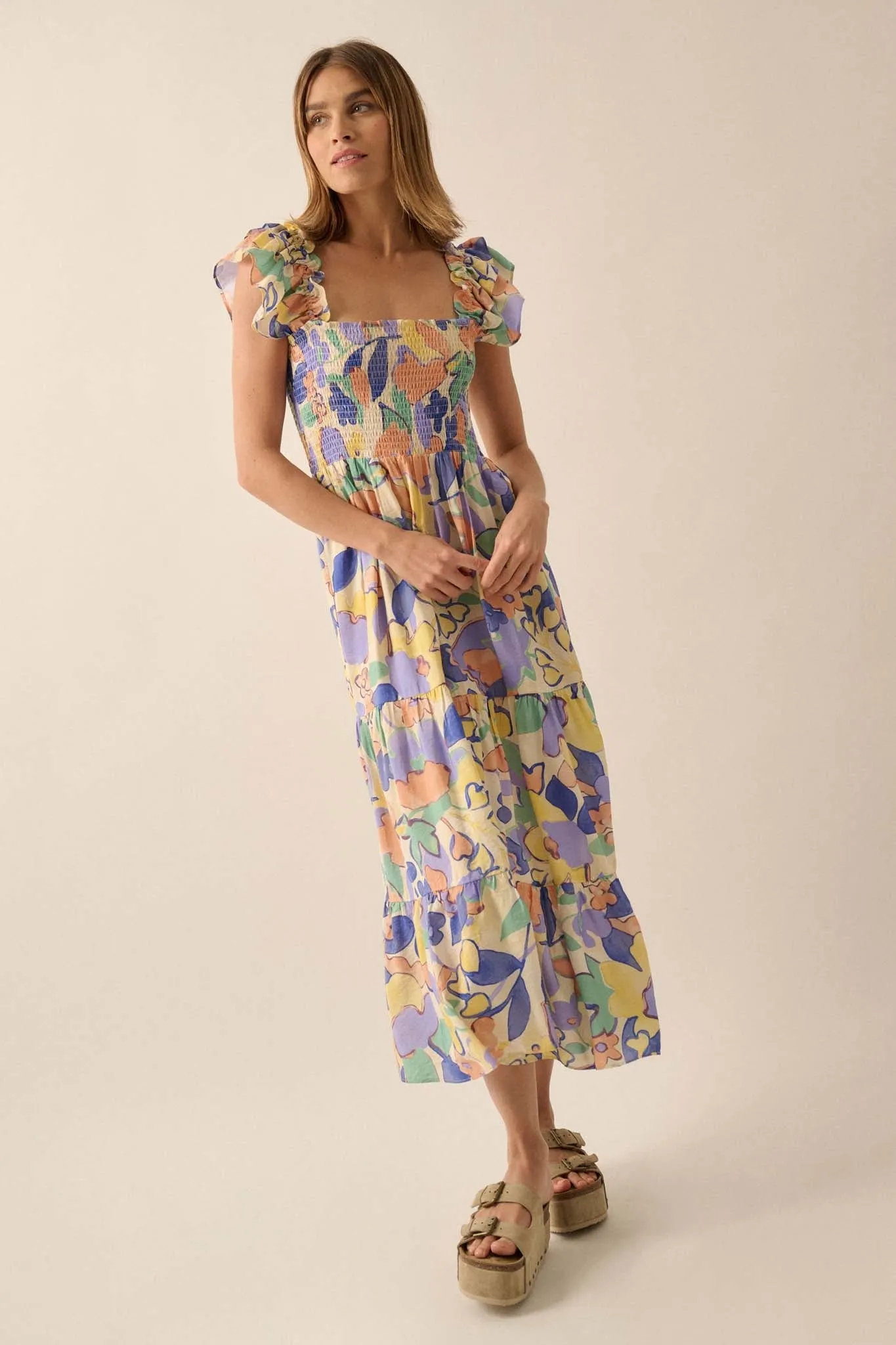 Soft Showers Smocked Floral Tiered Midi Dress