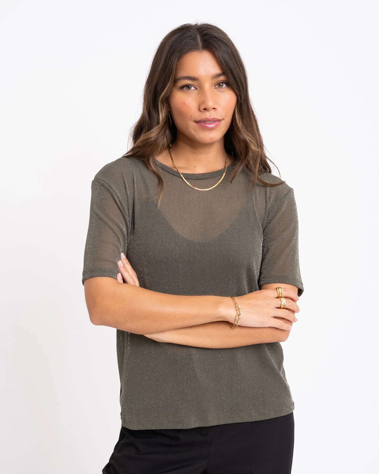 TILTIL Glittery Mesh Top Olive Green