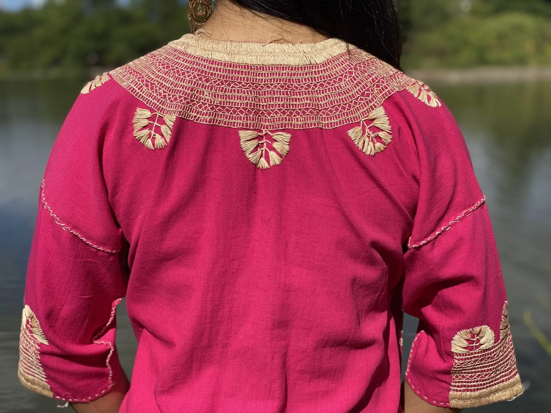 Traditional Mexican Golden Embroidered 3/4 Sleeve Blouse. Blusa Milpas Dorada