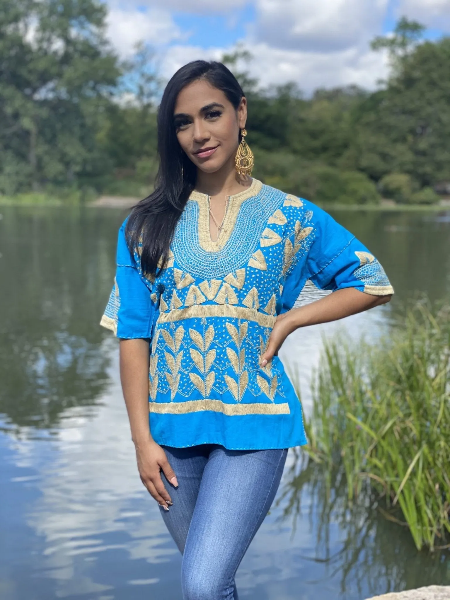 Traditional Mexican Golden Embroidered 3/4 Sleeve Blouse. Blusa Milpas Dorada