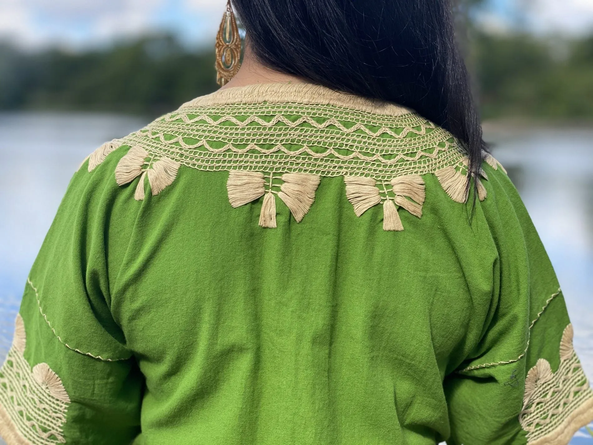 Traditional Mexican Golden Embroidered 3/4 Sleeve Blouse. Blusa Milpas Dorada