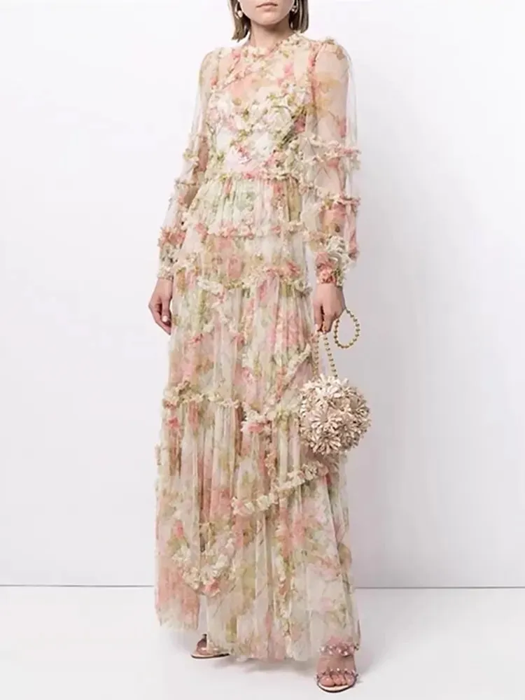 Vintage Elegant French Print Mesh Bohemian Maxi Dress