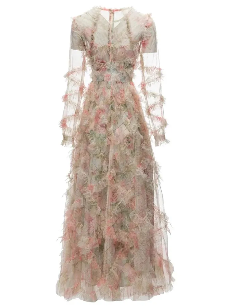 Vintage Elegant French Print Mesh Bohemian Maxi Dress