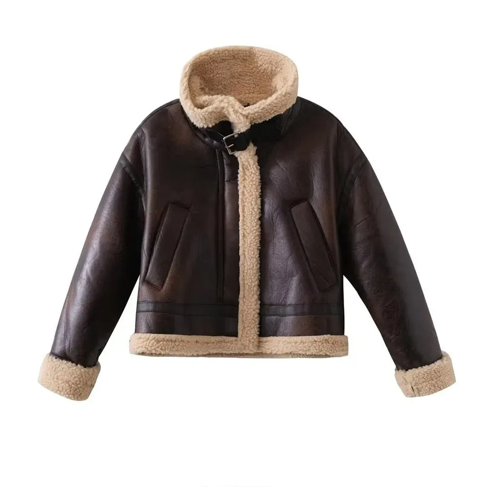 Womens Faux Shearling Motorcycle Warm Short Leather Coats