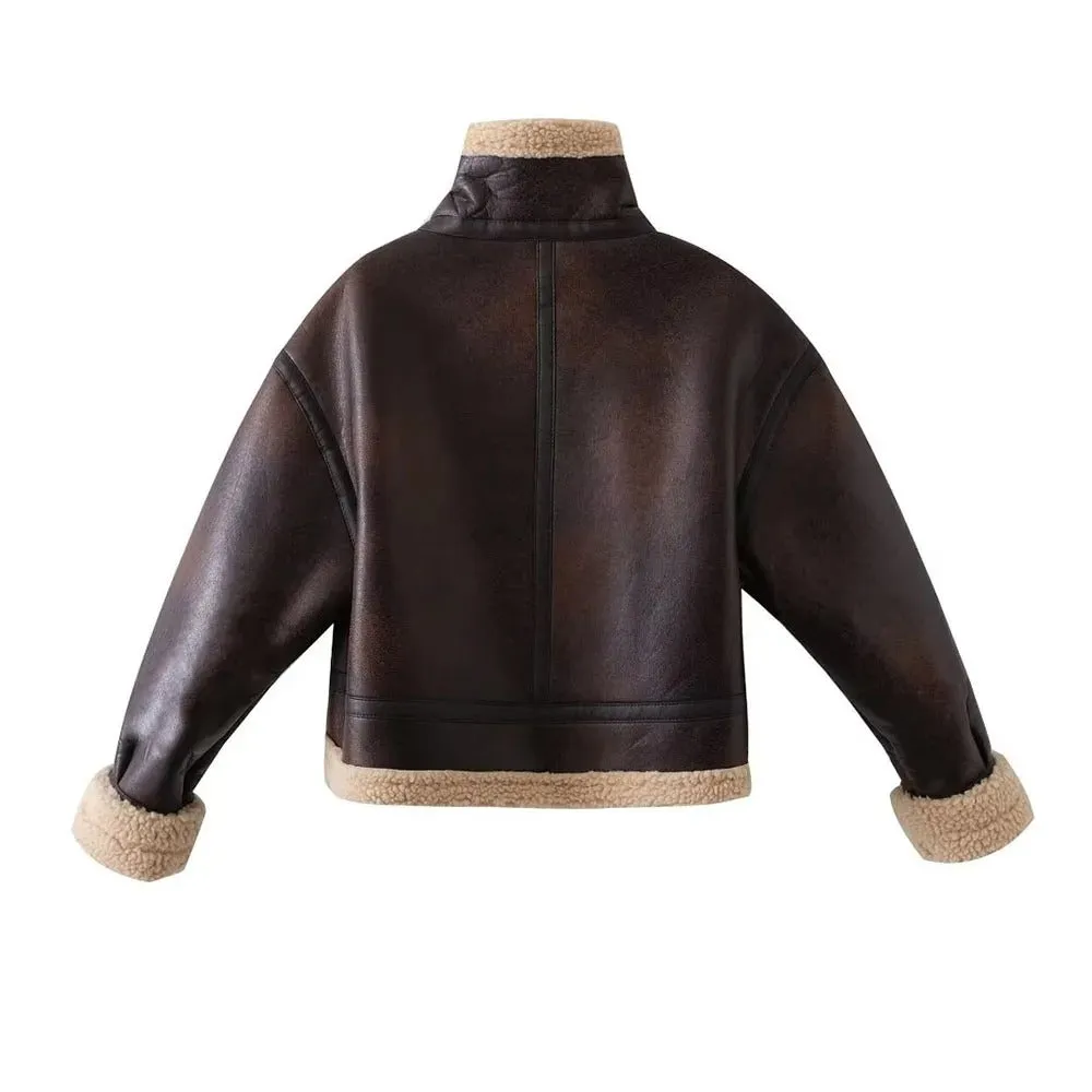 Womens Faux Shearling Motorcycle Warm Short Leather Coats