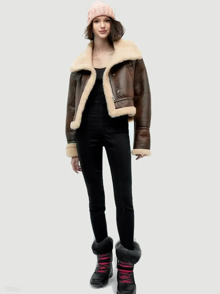 Womens Faux Shearling Motorcycle Warm Short Leather Coats