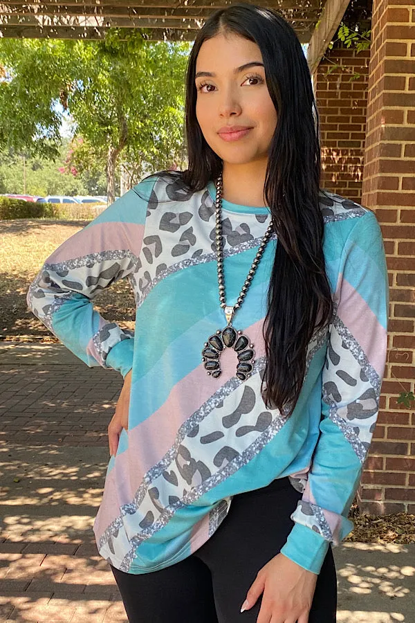 XCH13738 BABY BLUE LEOPARD,GLITTER PRINT LONG SLEEVE TOP