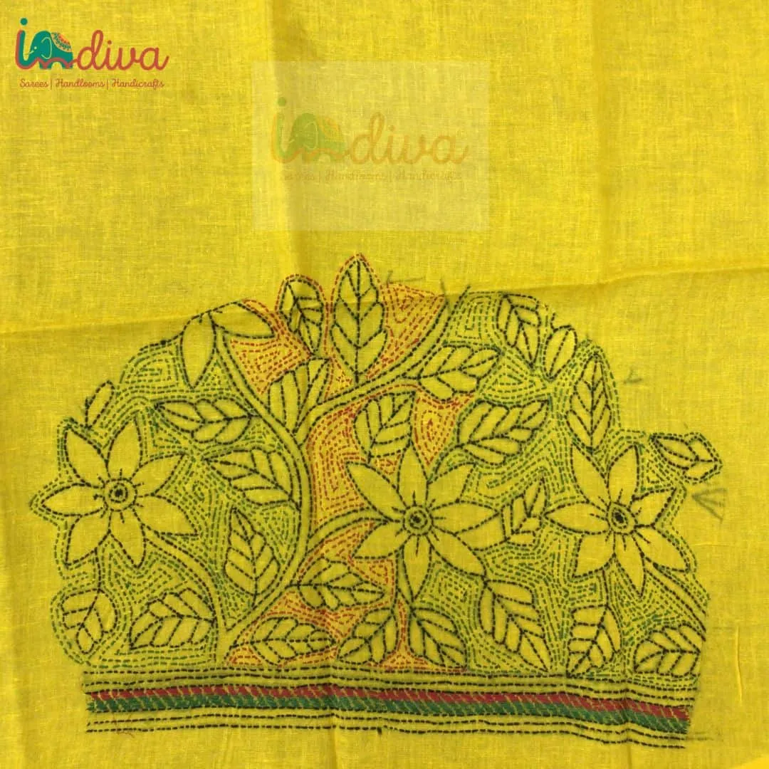 Yellow Reverse Kantha Stitch Blouse Fabric With Red & Green Leaves & Floral Motifs