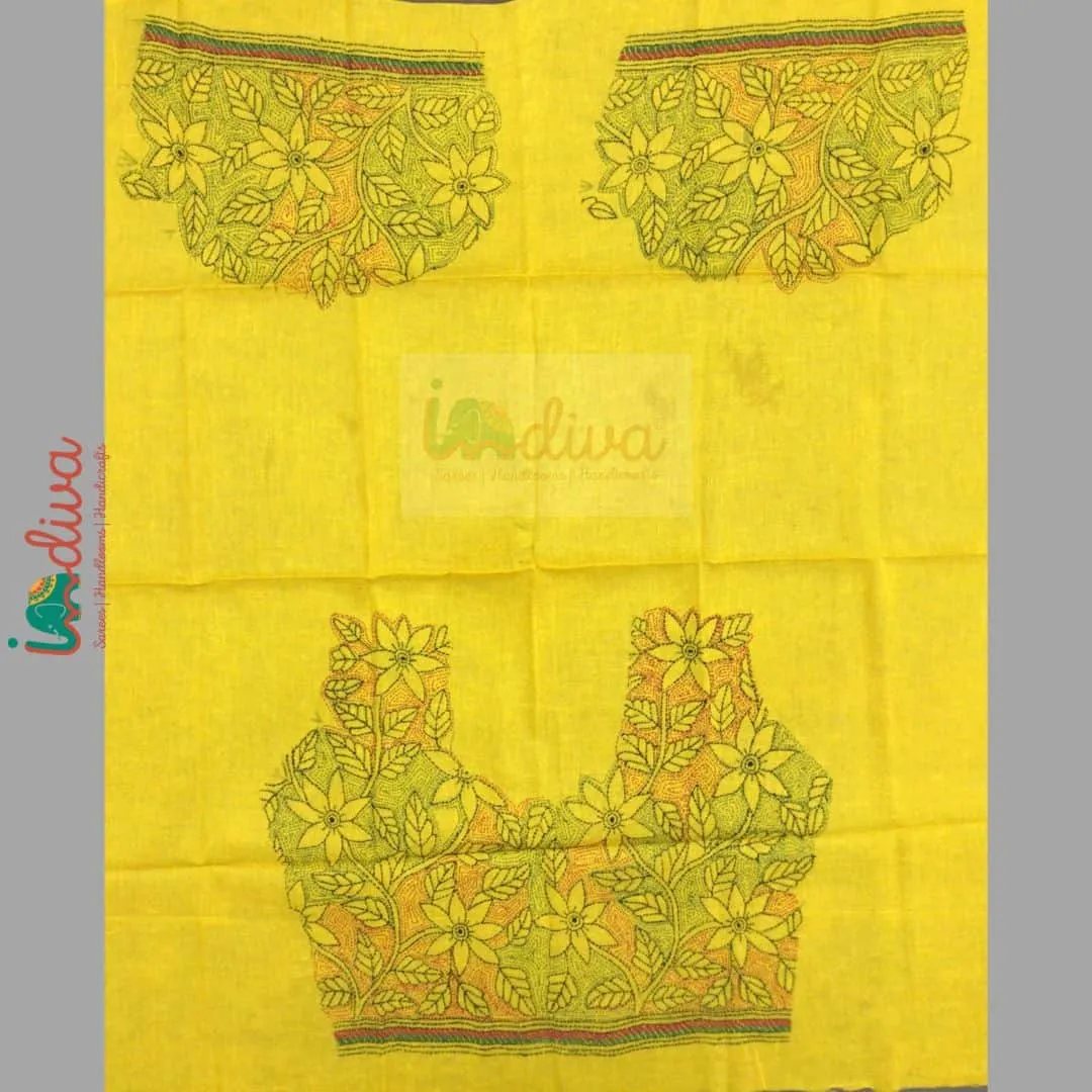 Yellow Reverse Kantha Stitch Blouse Fabric With Red & Green Leaves & Floral Motifs