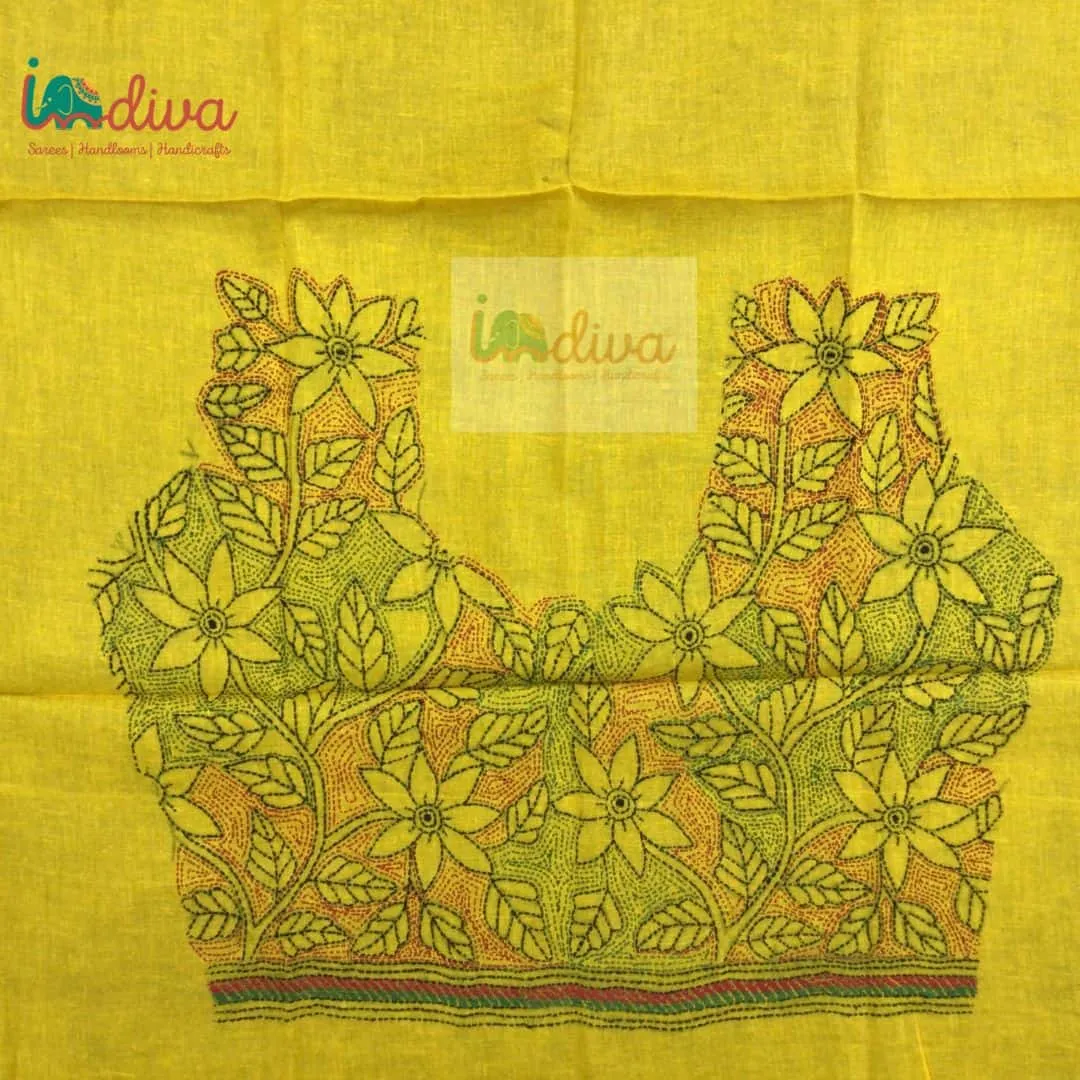 Yellow Reverse Kantha Stitch Blouse Fabric With Red & Green Leaves & Floral Motifs