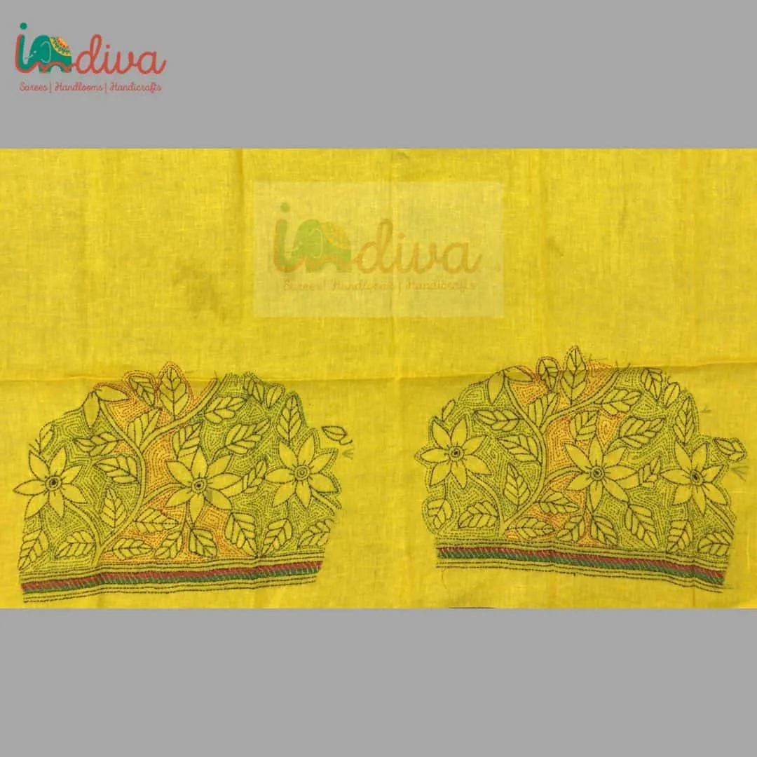 Yellow Reverse Kantha Stitch Blouse Fabric With Red & Green Leaves & Floral Motifs